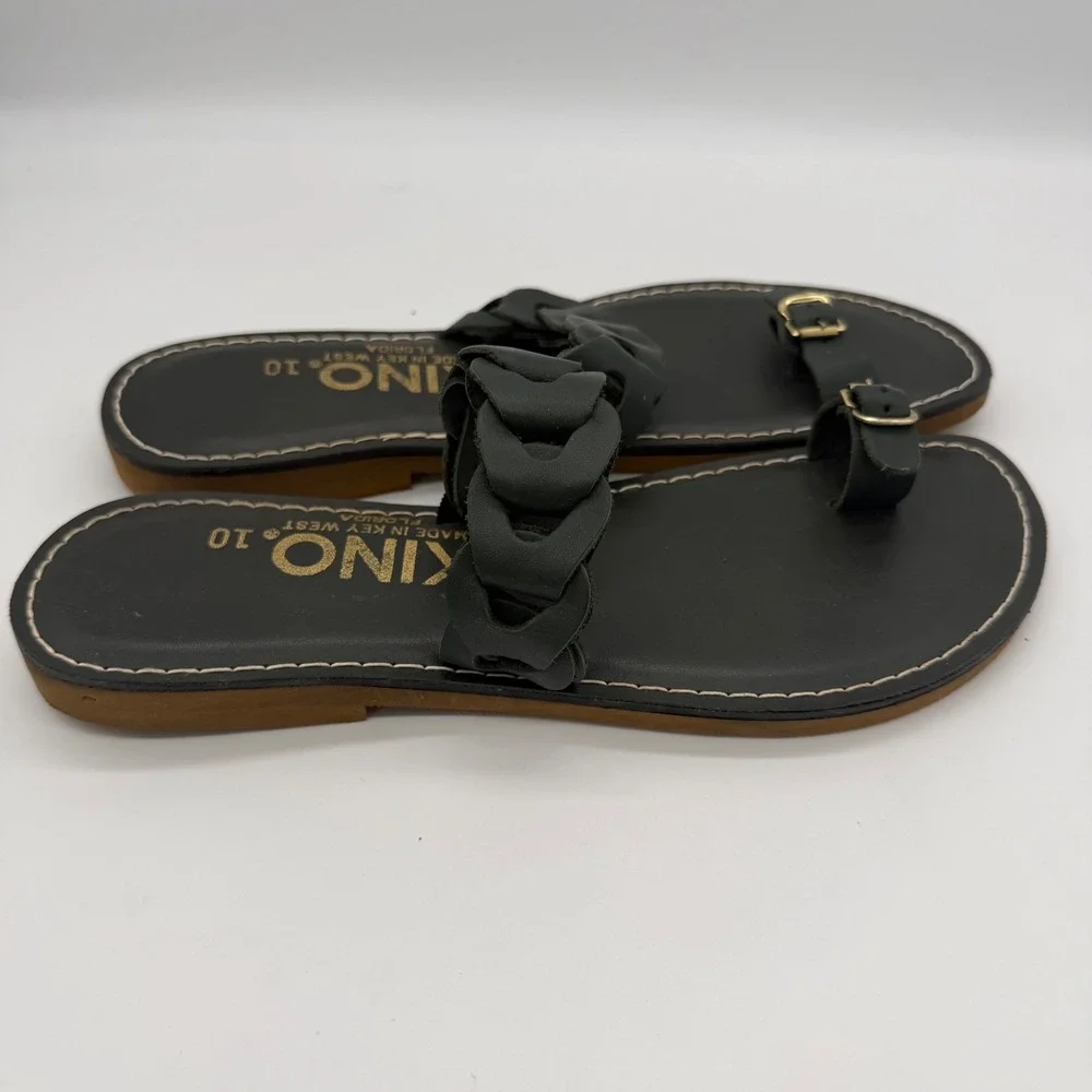 Kino Sandals Key West Florida Black Leather Braided Toe Loop Slides Womens 10